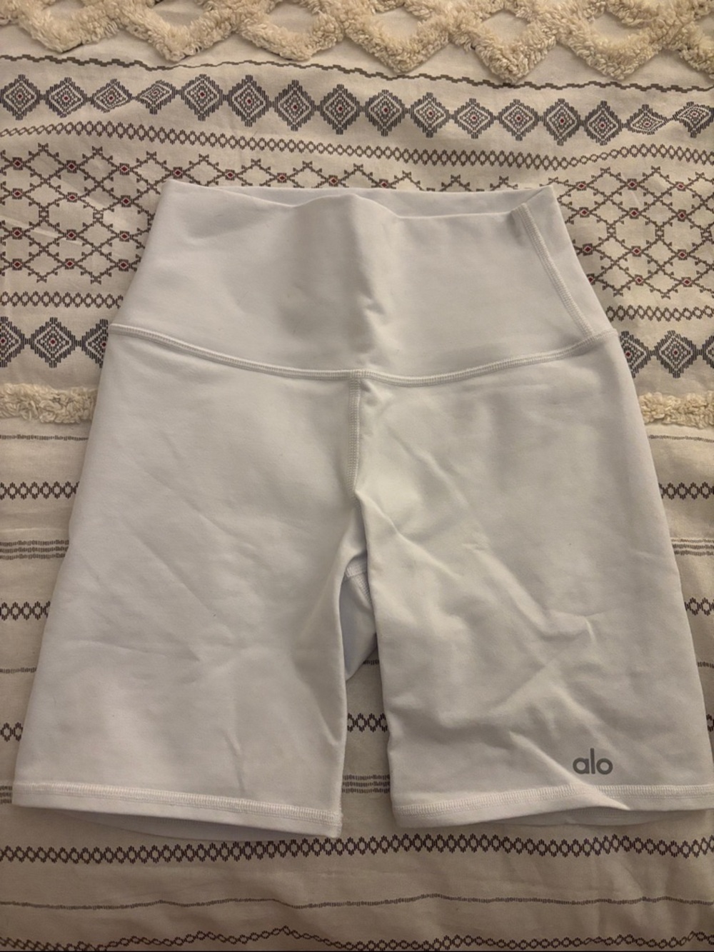 ALO Yoga High-Rise White Bike Shorts with Subtle Logo